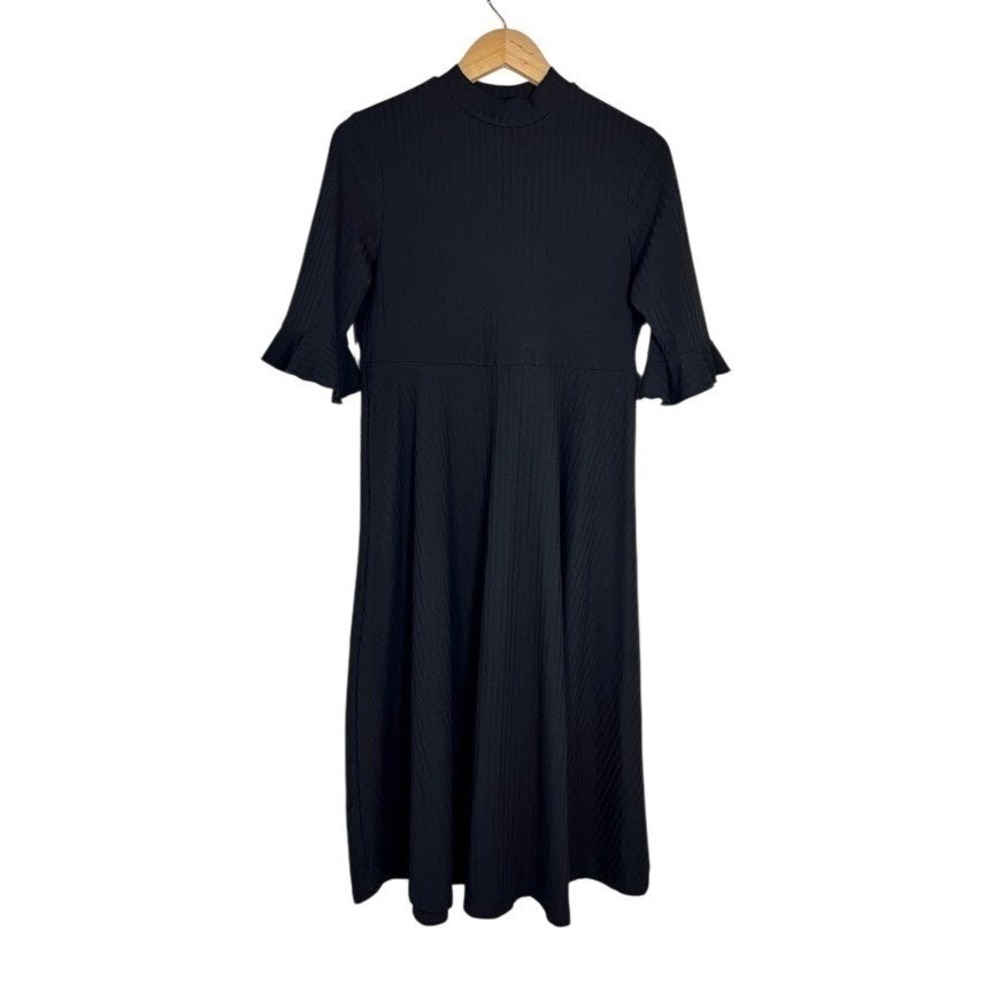 Verdusa NWT XL Black Ribbed Mock Neck Midi Dress Bell Sleeve Little Black Dress